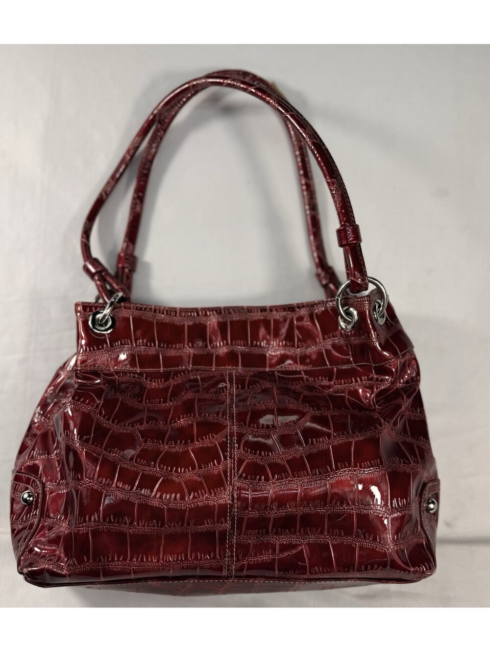 Burgundy Leather Faux Embossed Satchel Bag Double Handles Magnetic Close
